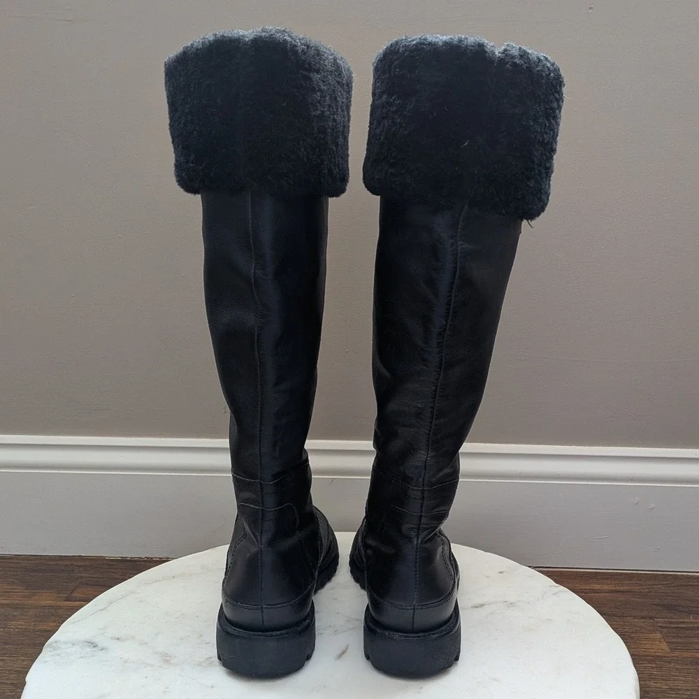 Hunter Steamboat Womens Sz 7 Black Leather Tall Boots Sheepskin Lined Waterproof